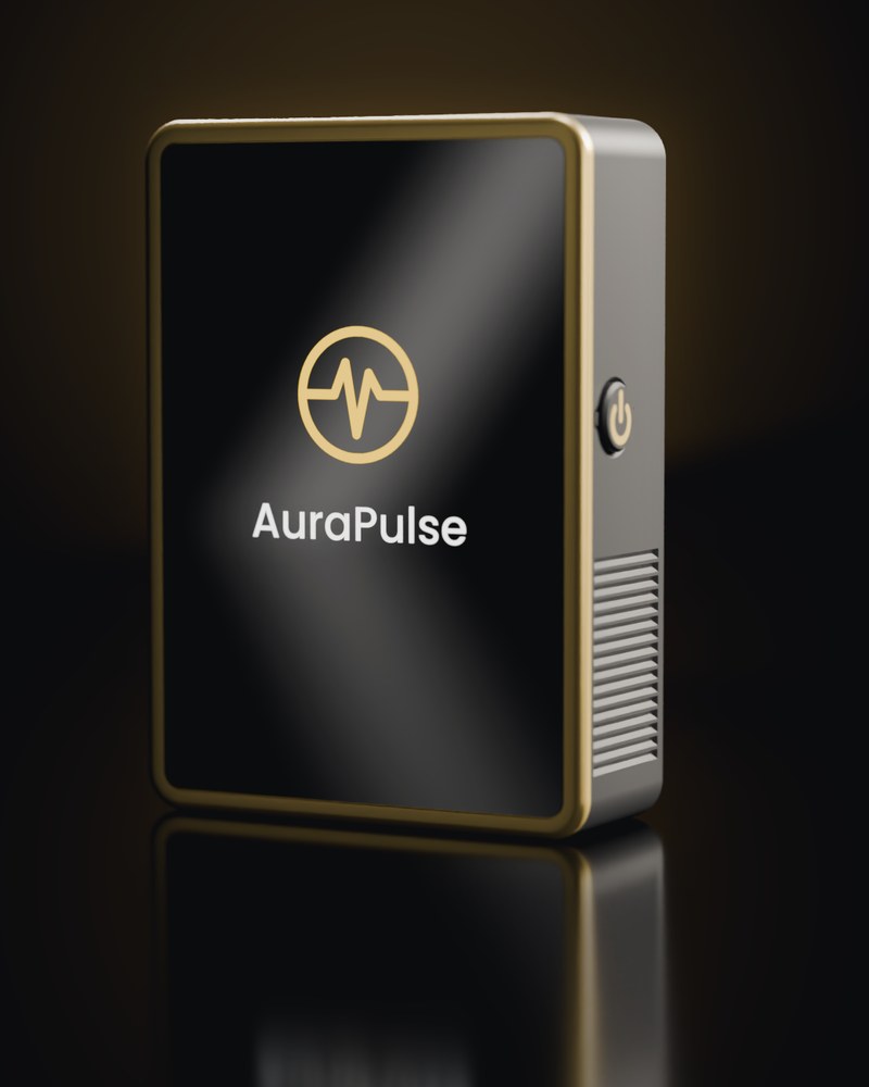 The AuraPulse remote: a black case with a gold rim and a lit screen showing the AuraPulse logo